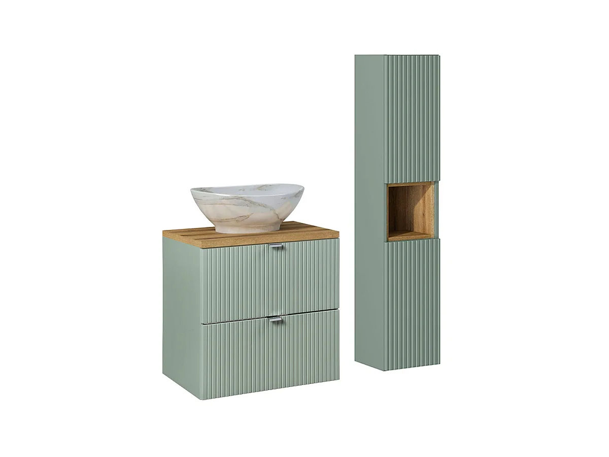 Uppsättning enkel tvättställsskåp 60cm 2 lådor och piedestal Jade Grönt och Trä