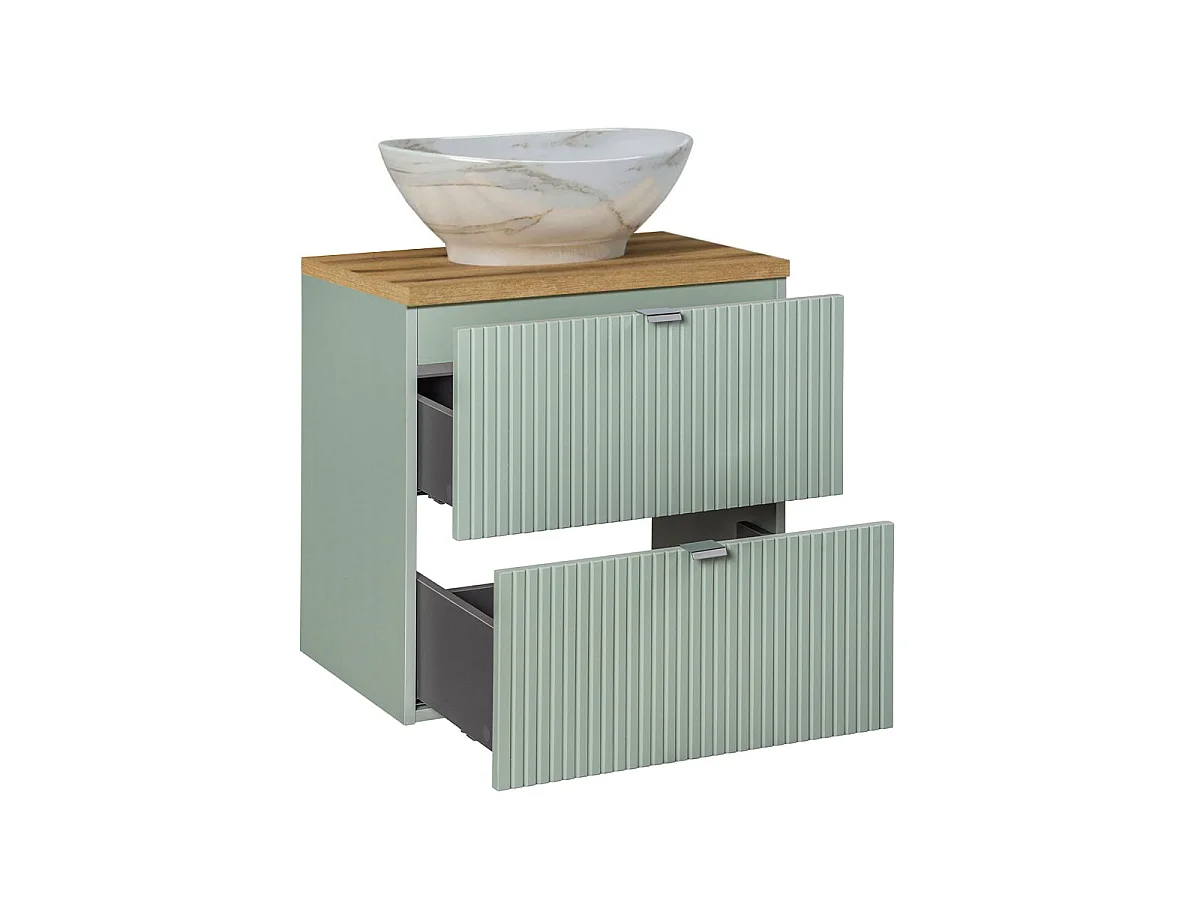 Uppsättning enkel tvättställsskåp 60cm 2 lådor och piedestal Jade Grönt och Trä