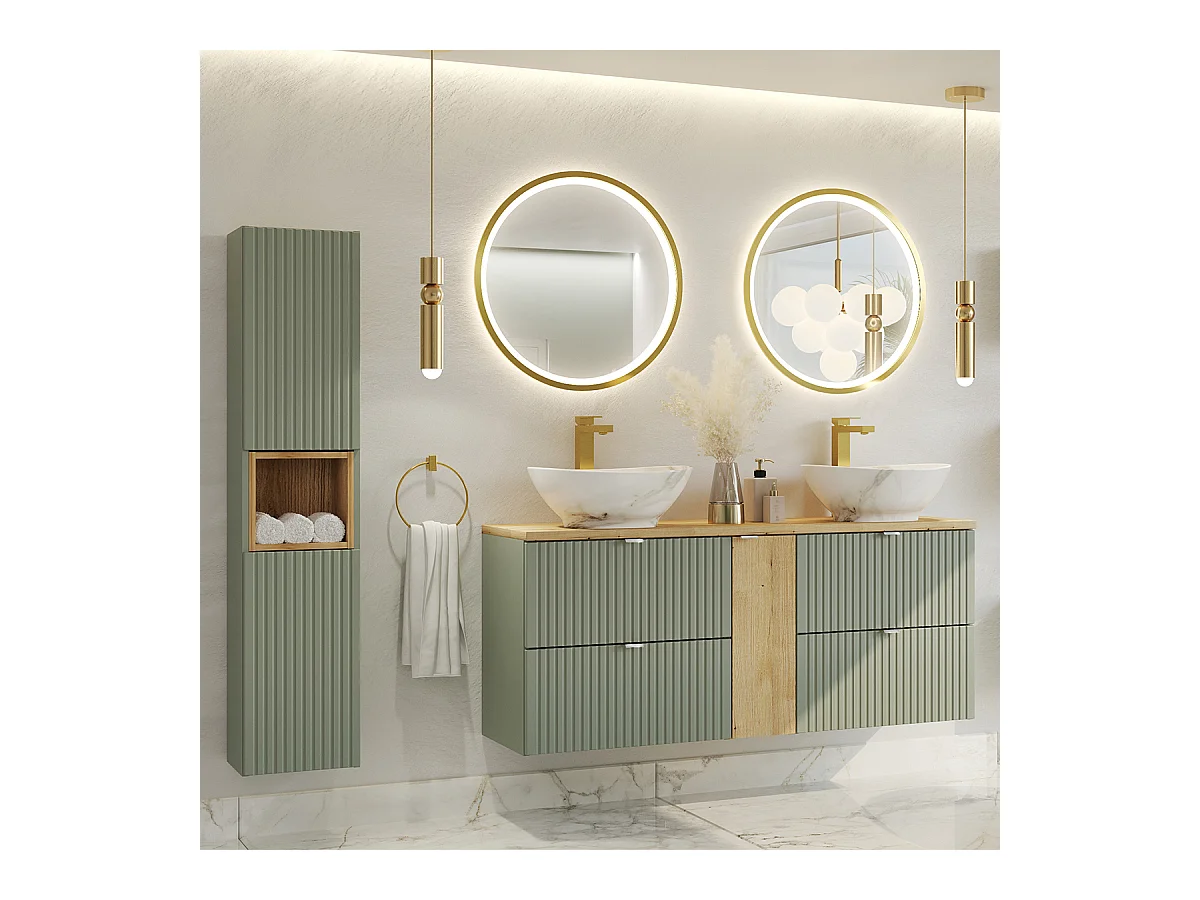 Ensemble meuble double vasque 140cm 4 tiroirs et colonne Jade Vert et Bois