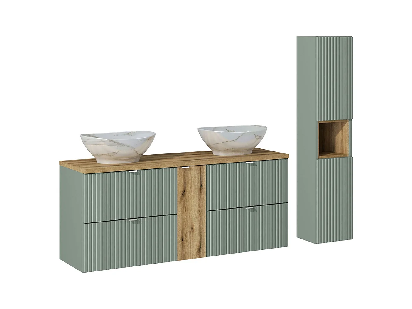 Ensemble meuble double vasque 140cm 4 tiroirs et colonne Jade Vert et Bois