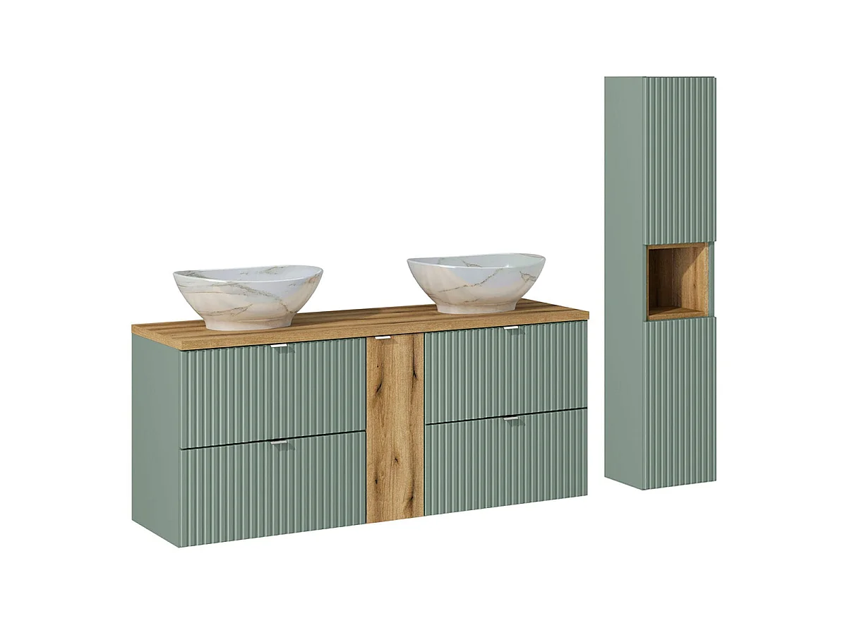 Conjunto de muebles con doble lavabo 140 cm 4 cajones y columna Jade Verde y Madera
