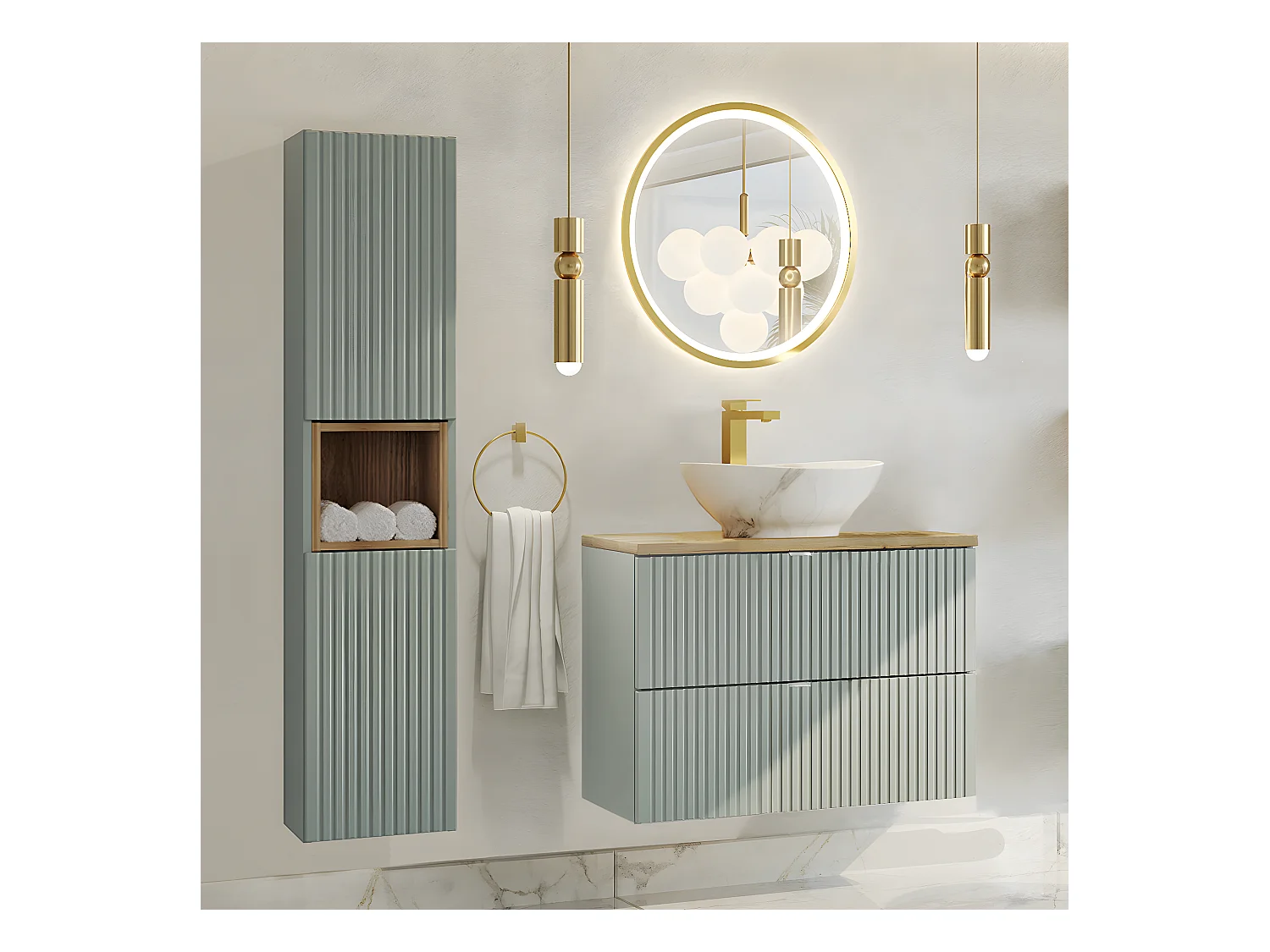 Ensemble meuble simple vasque 80cm 2 tiroirs et colonne Jade Vert et Bois