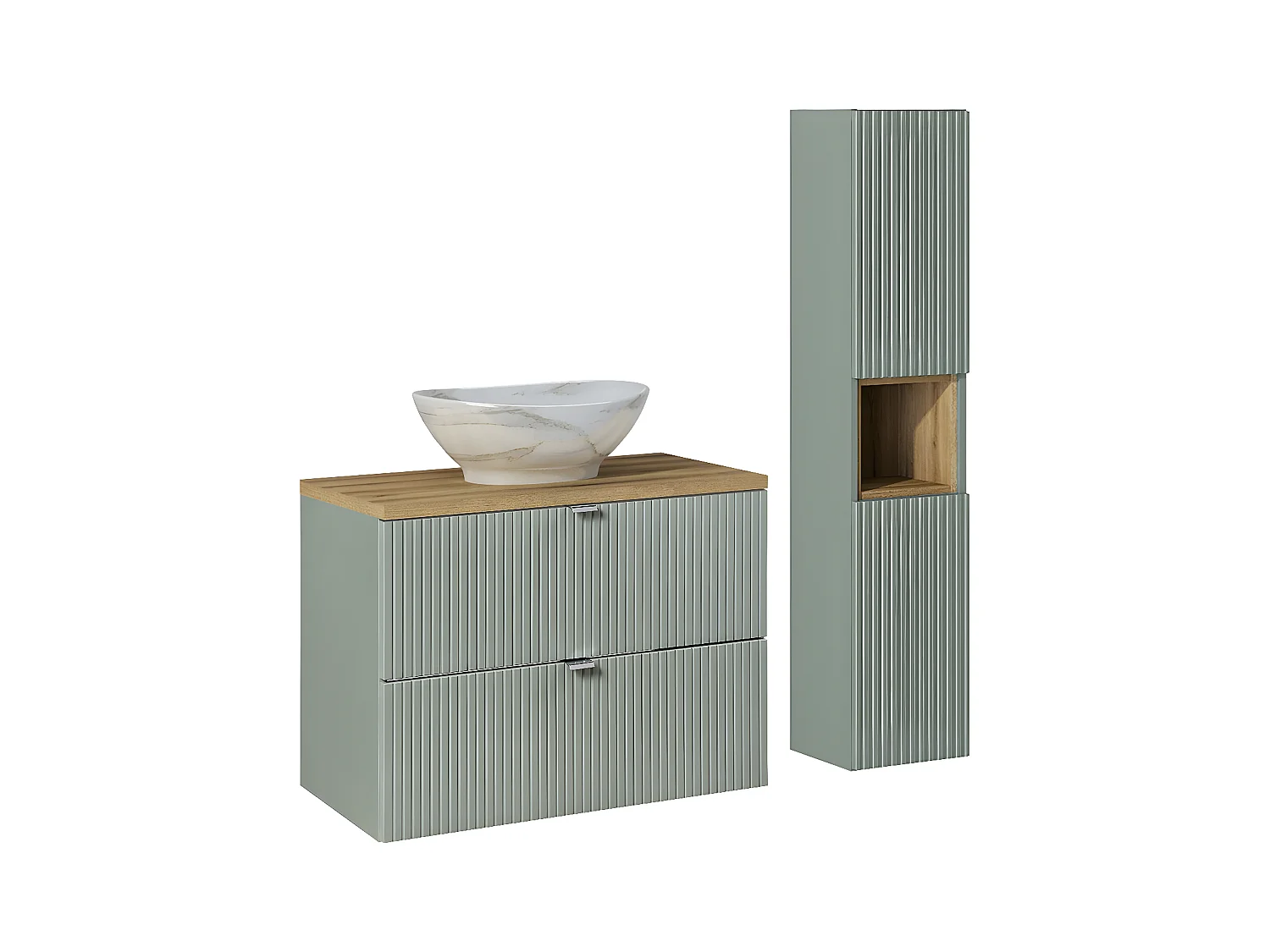 Ensemble meuble simple vasque 80cm 2 tiroirs et colonne Jade Vert et Bois