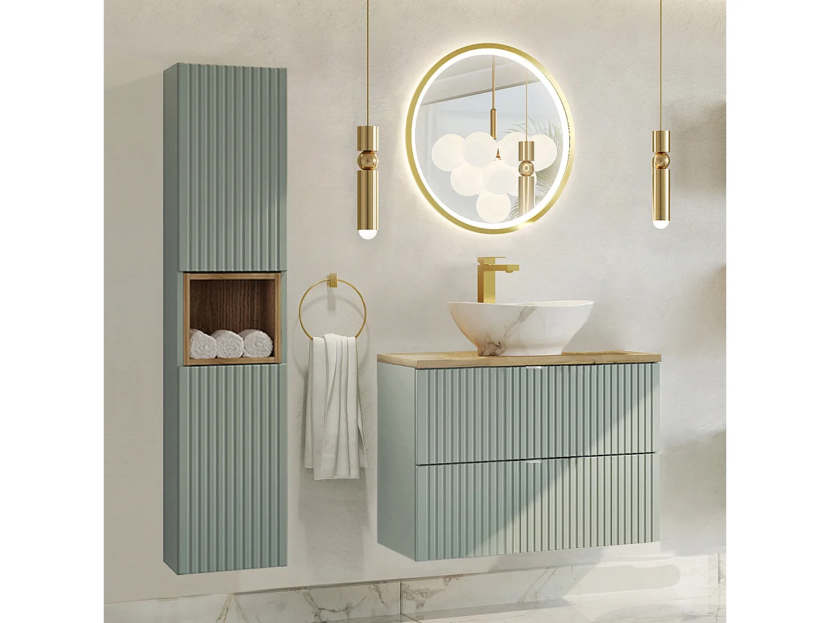 Ensemble meuble simple vasque 80cm 2 tiroirs et colonne Jade Vert et Bois