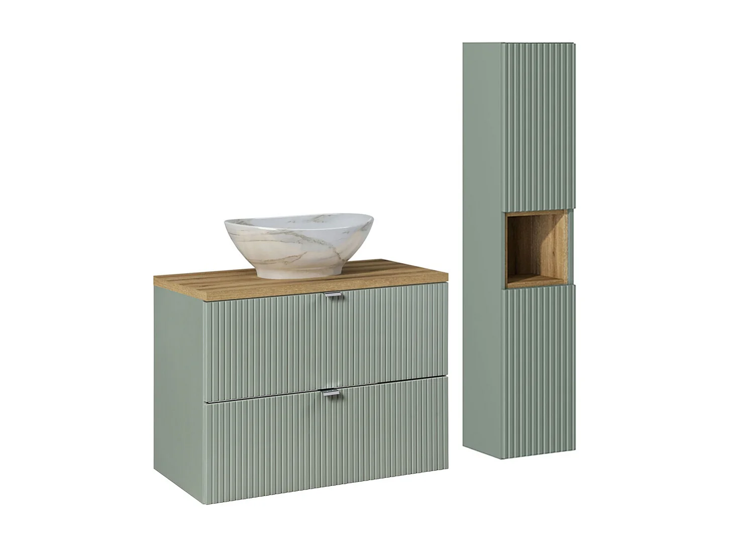 Ensemble meuble simple vasque 80cm 2 tiroirs et colonne Jade Vert et Bois