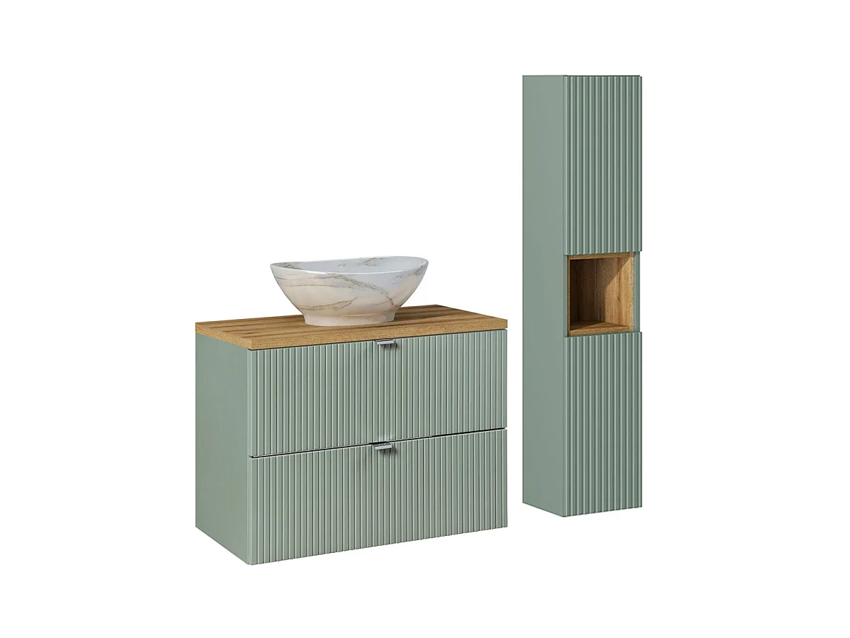 Set 80cm enkele wastafel met 2 laden en kolom Jade Groen en Hout