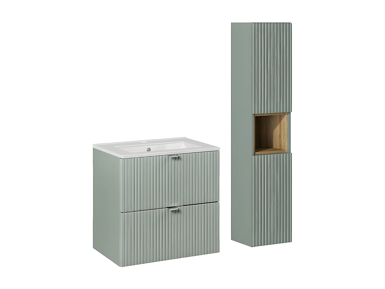 Ensemble meuble simple vasque encastrée 60cm 2 tiroirs et colonne Jade Vert et Bois