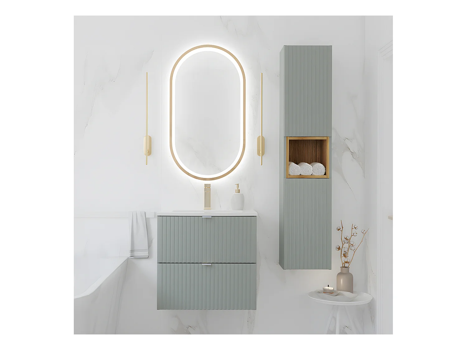 Ensemble meuble simple vasque encastrée 60cm 2 tiroirs et colonne Jade Vert et Bois