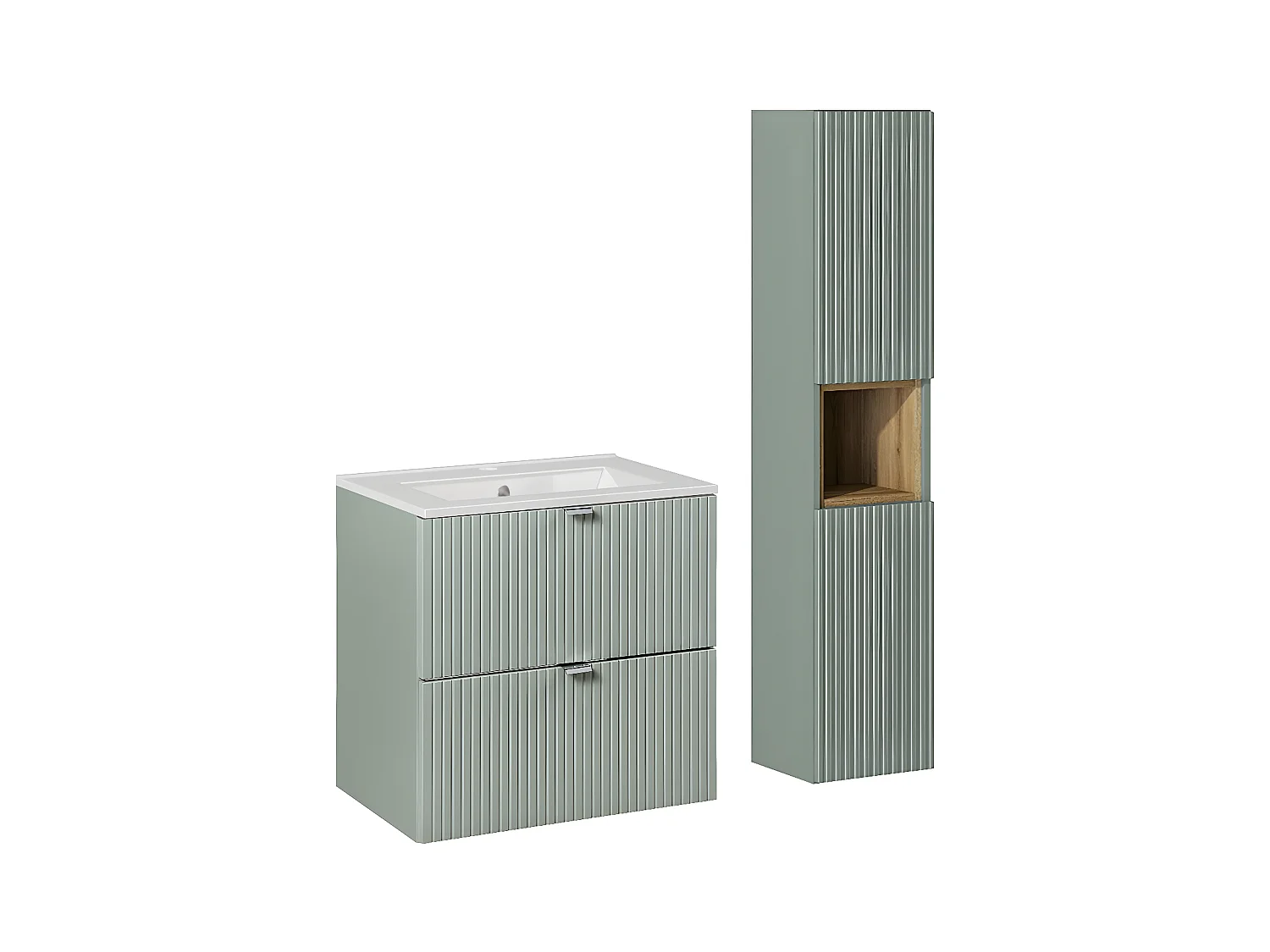 Ensemble meuble simple vasque encastrée 60cm 2 tiroirs et colonne Jade Vert et Bois