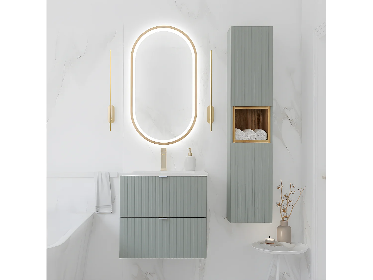 Conjunto de muebles lavabo individual encastrado 60cm 2 cajones y columna Jade Verde y Madera