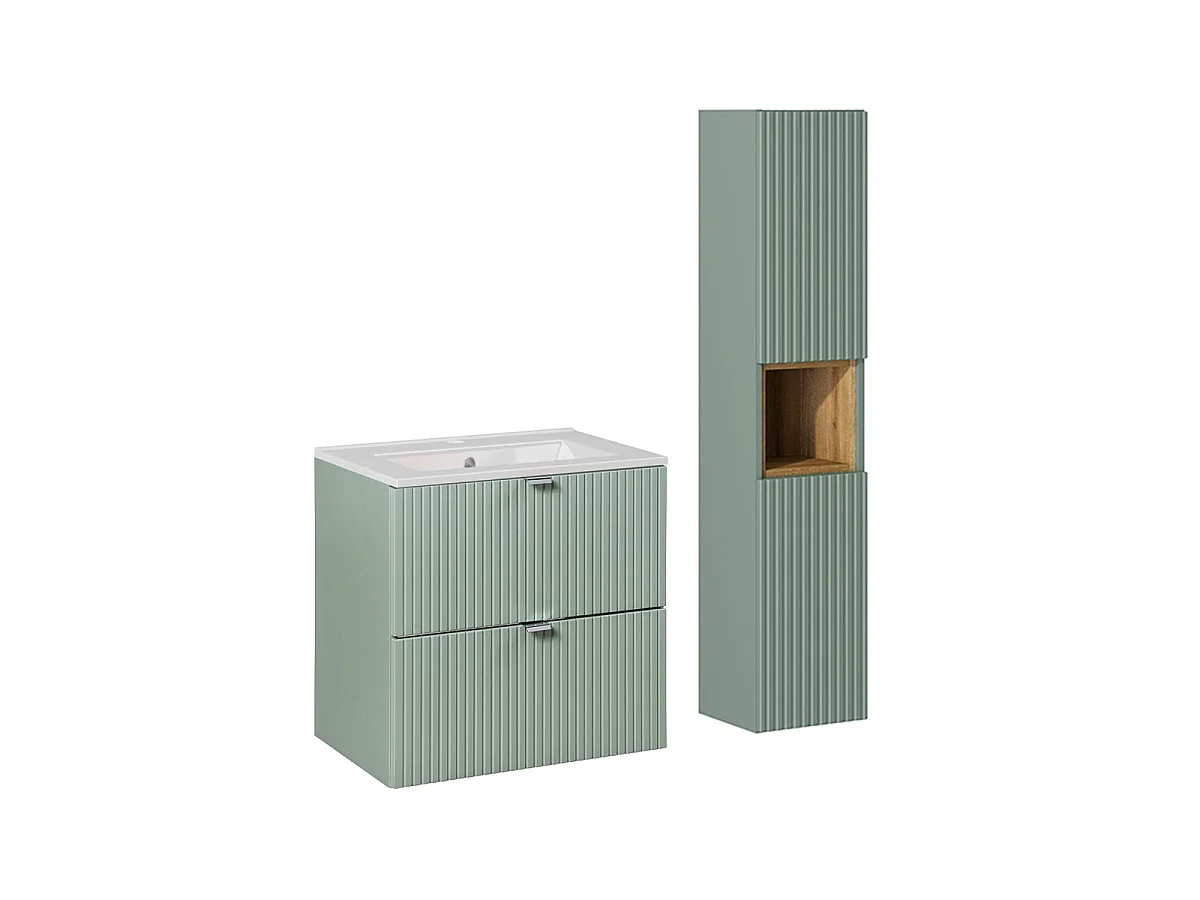 Uppsättning enkel tvättställsskåp 60cm 2 lådor och piedestal Jade Grönt och Trä