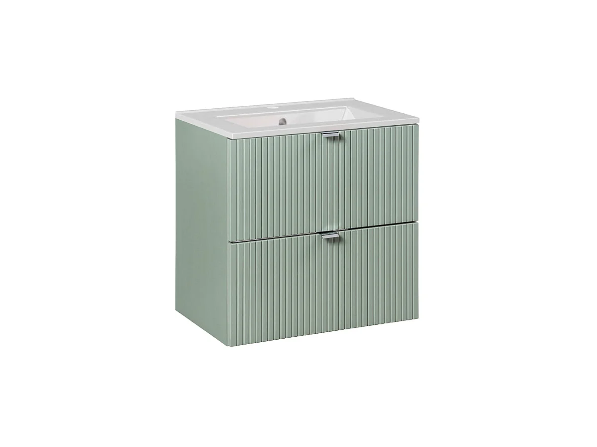 Uppsättning enkel tvättställsskåp 60cm 2 lådor och piedestal Jade Grönt och Trä