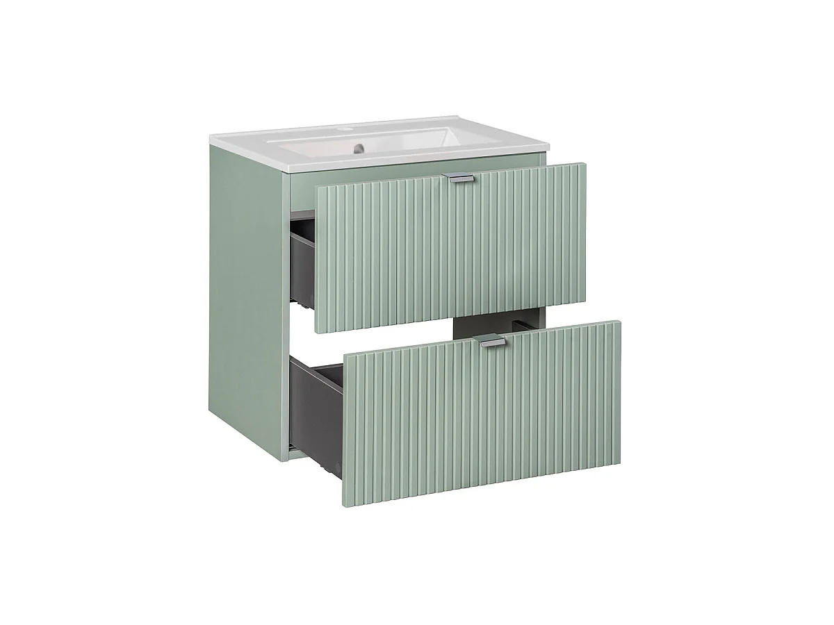 Uppsättning enkel tvättställsskåp 60cm 2 lådor och piedestal Jade Grönt och Trä