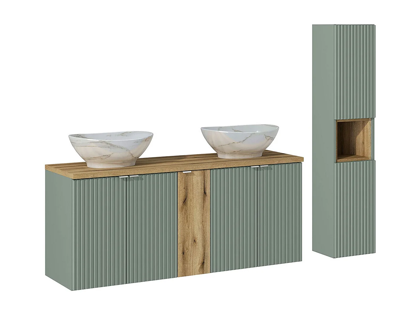 Ensemble meuble double vasque 140cm 5 portes et colonne Jade Vert et Bois