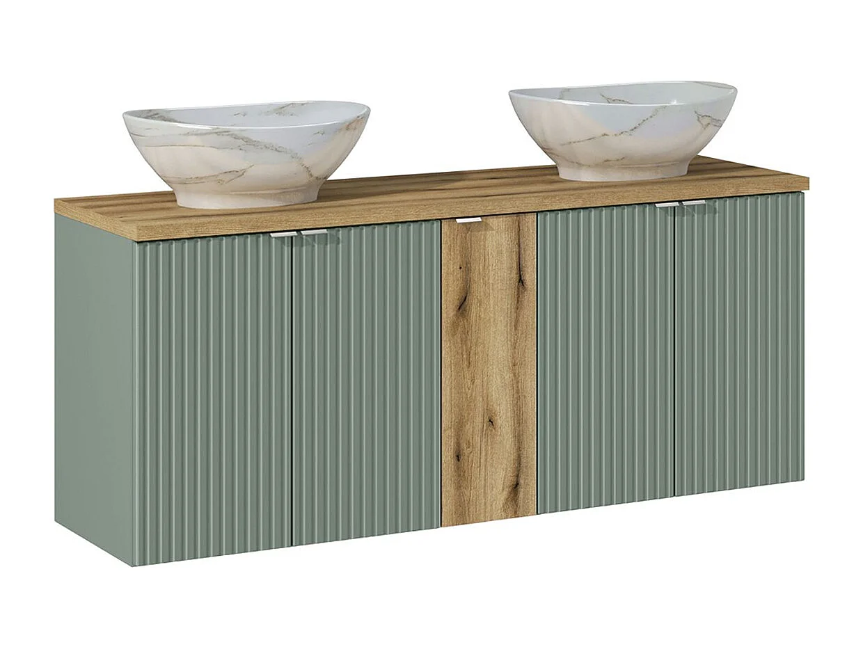 Ensemble meuble double vasque 140cm 5 portes et colonne Jade Vert et Bois