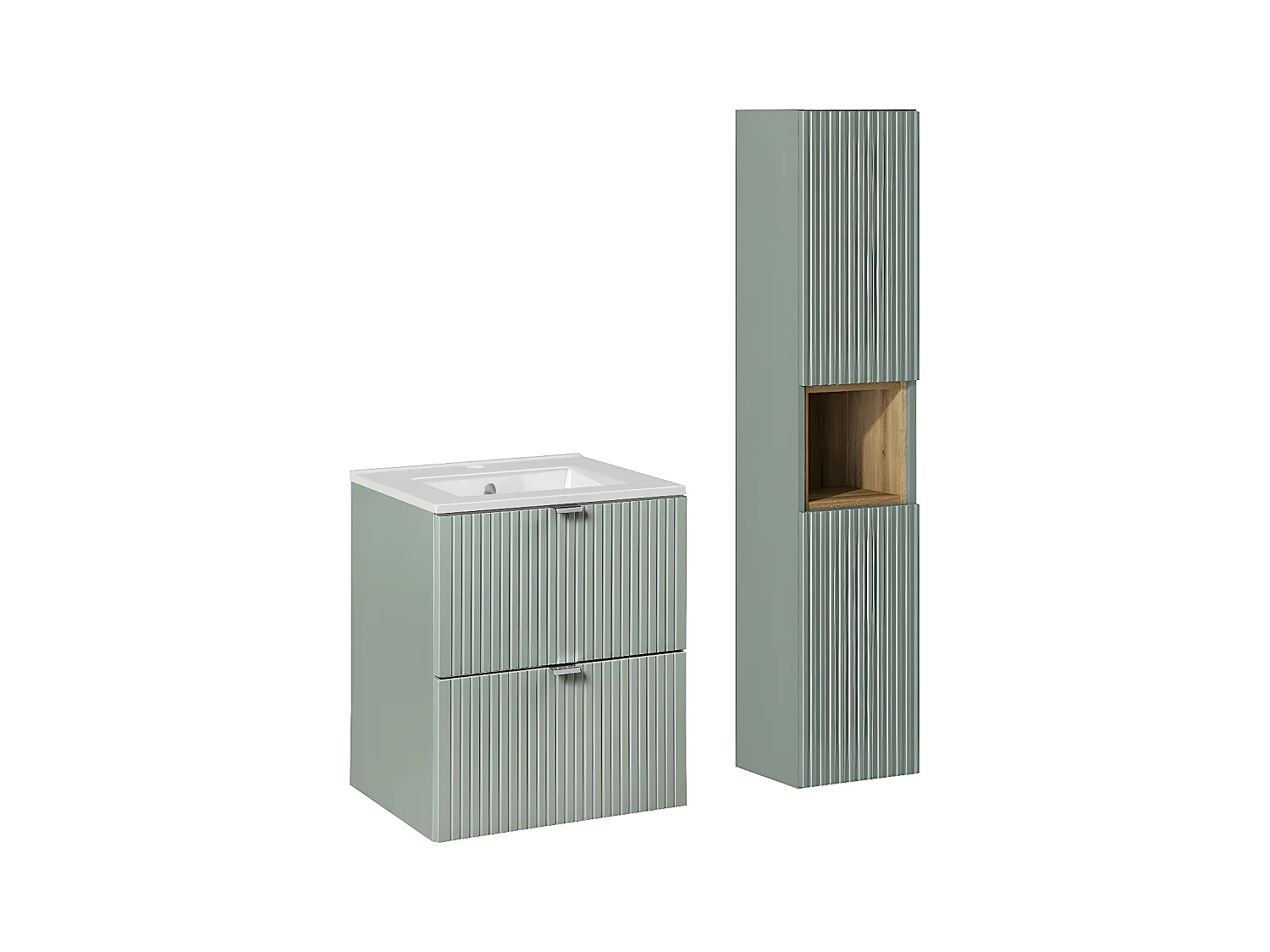 Ensemble meuble simple vasque encastrée 50cm 2 tiroirs et colonne Jade Vert et Bois