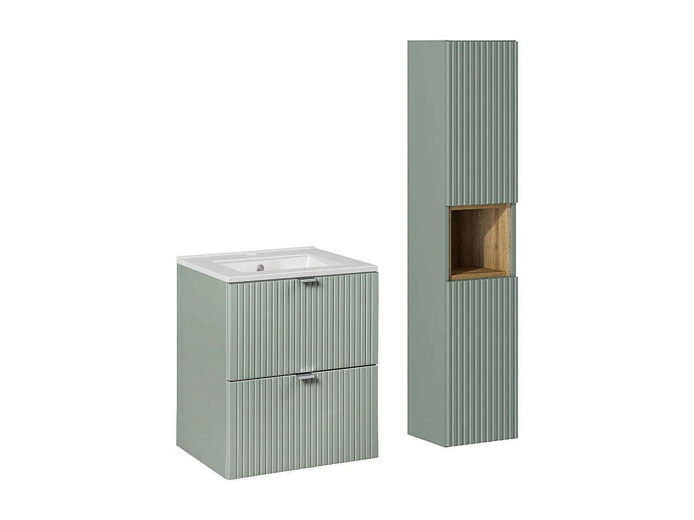 Ensemble meuble simple vasque encastrée 50cm 2 tiroirs et colonne Jade Vert et Bois