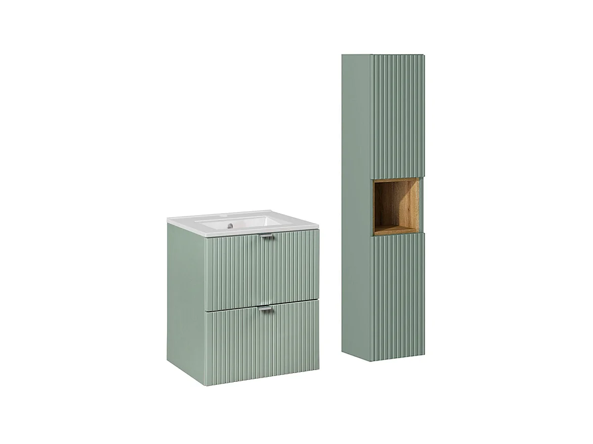 Conjunto móvel lavatório simples encastrado 50cm 2 gavetas e coluna Verde Jade e Madeira