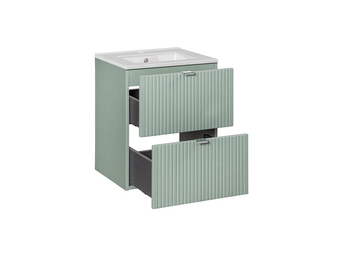 Conjunto móvel lavatório simples encastrado 50cm 2 gavetas e coluna Verde Jade e Madeira
