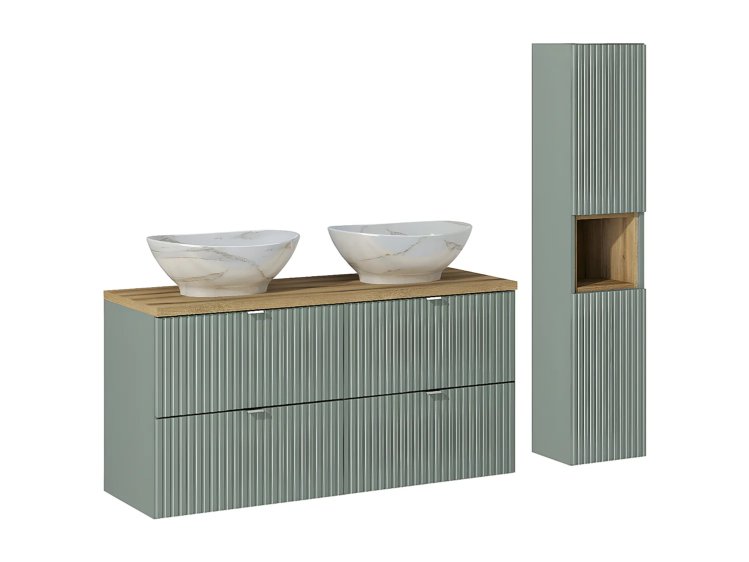 Ensemble meuble double vasque 120cm 4 tiroirs et colonne Jade Vert et Bois