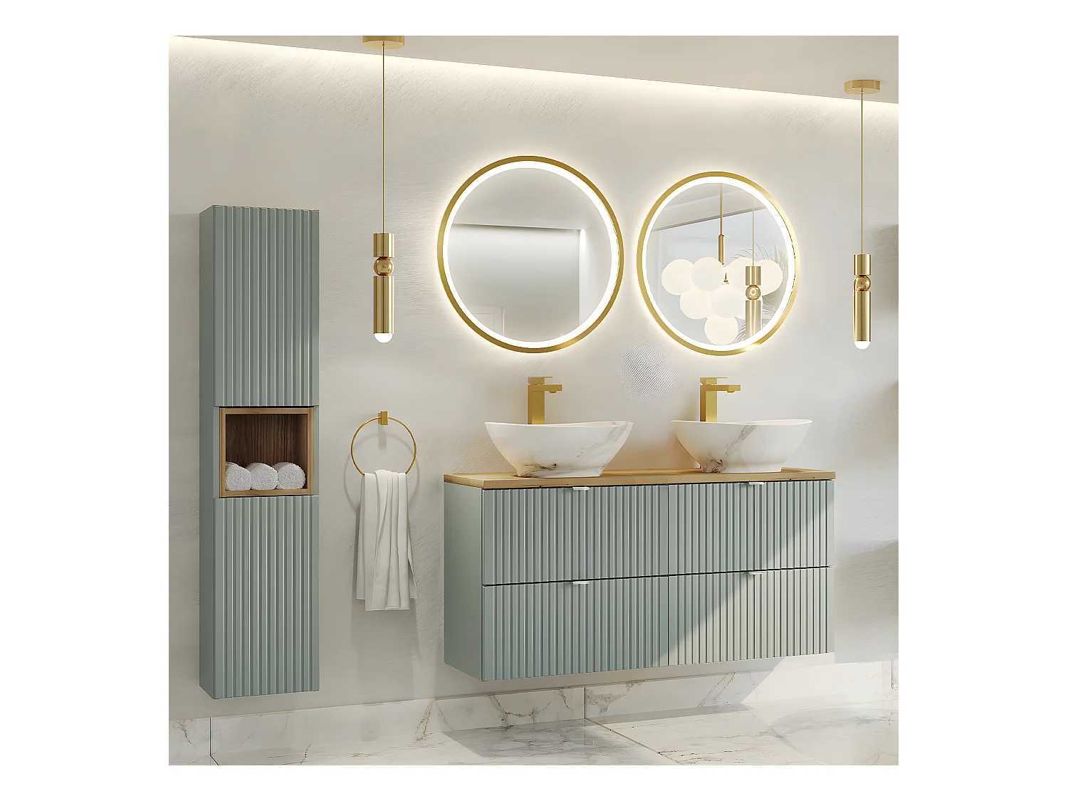 Ensemble meuble double vasque 120cm 4 tiroirs et colonne Jade Vert et Bois