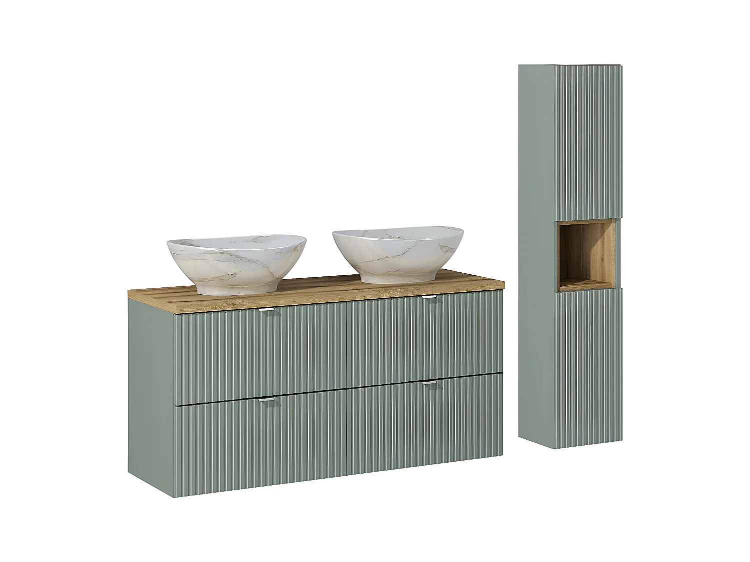 Ensemble meuble double vasque 120cm 4 tiroirs et colonne Jade Vert et Bois