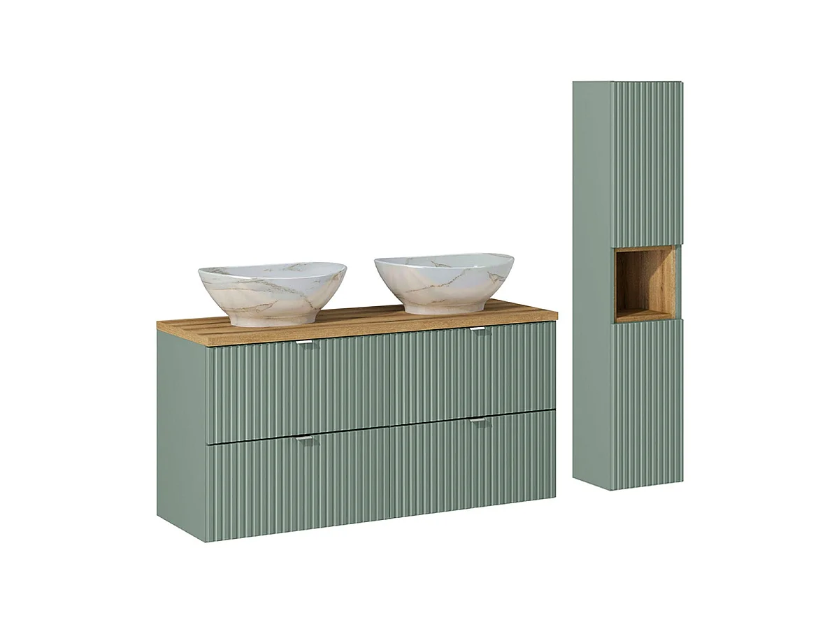 Set 120cm dubbele wastafel met 4 laden en kolom Jade Groen en Hout