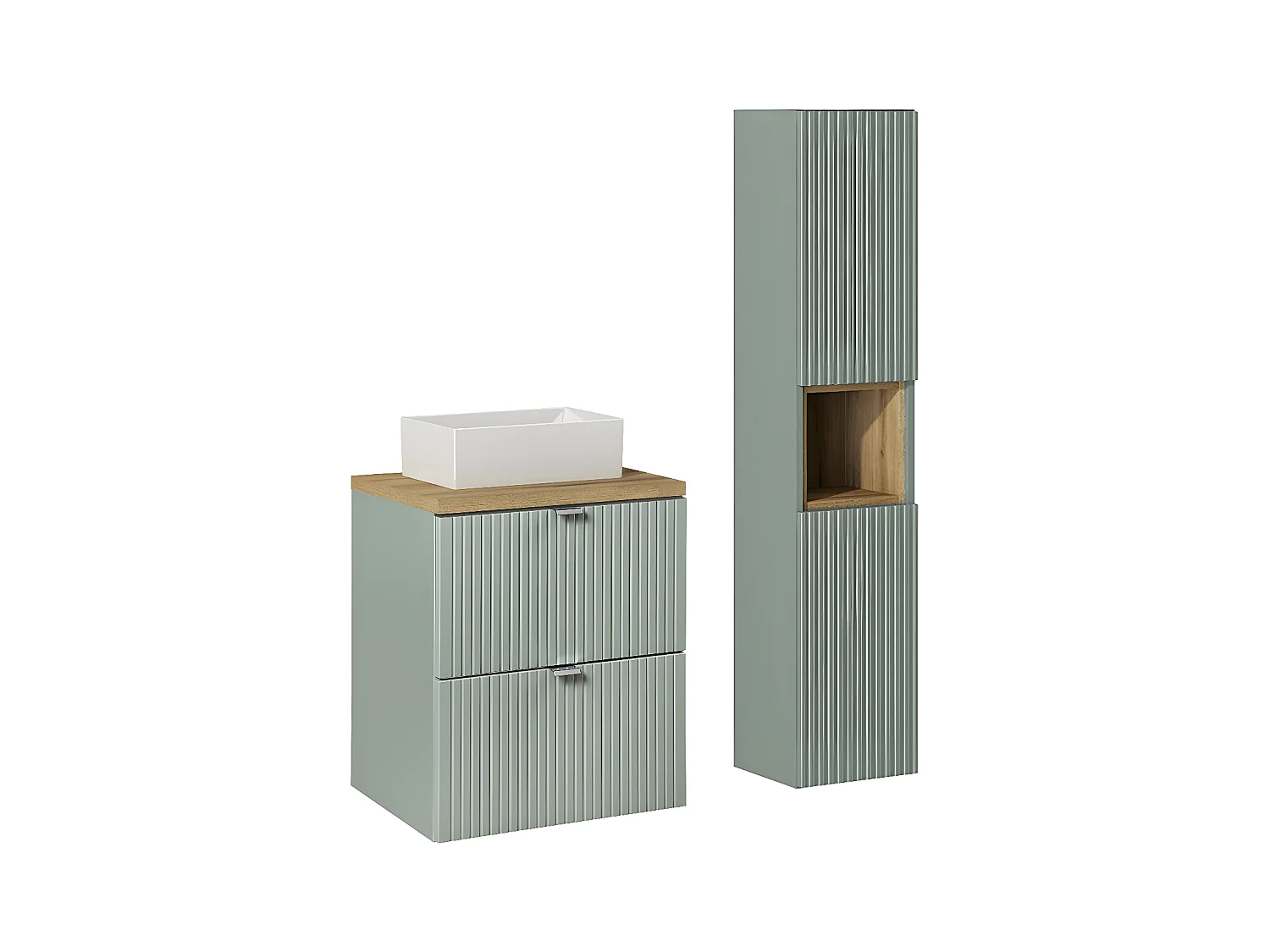 Ensemble meuble simple vasque 50cm 2 tiroirs et colonne Jade Vert et Bois