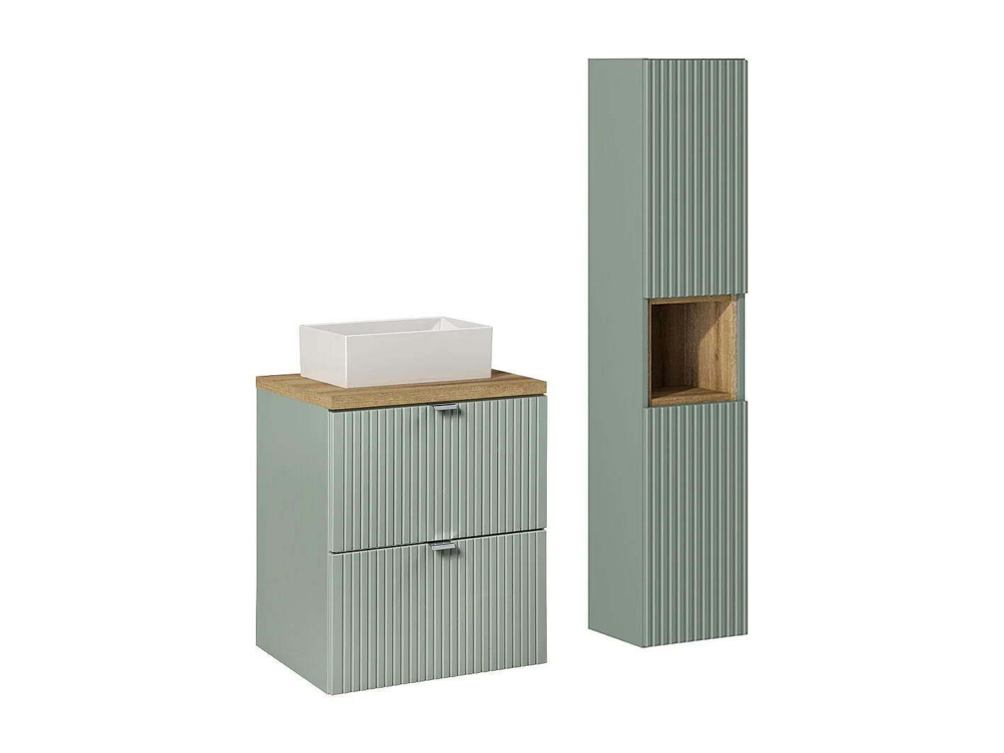 Ensemble meuble simple vasque 50cm 2 tiroirs et colonne Jade Vert et Bois
