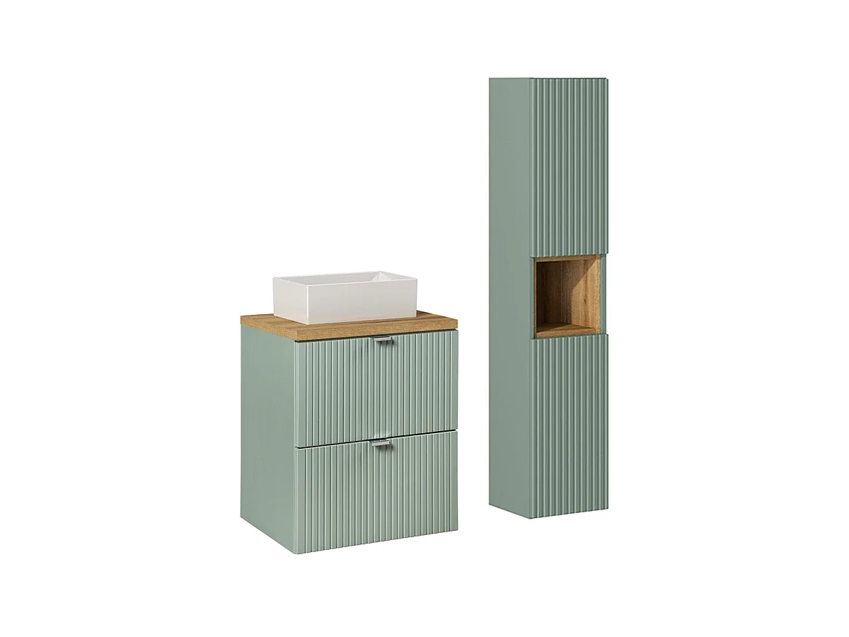 Ensemble meuble simple vasque 50cm 2 tiroirs et colonne Jade Vert et Bois