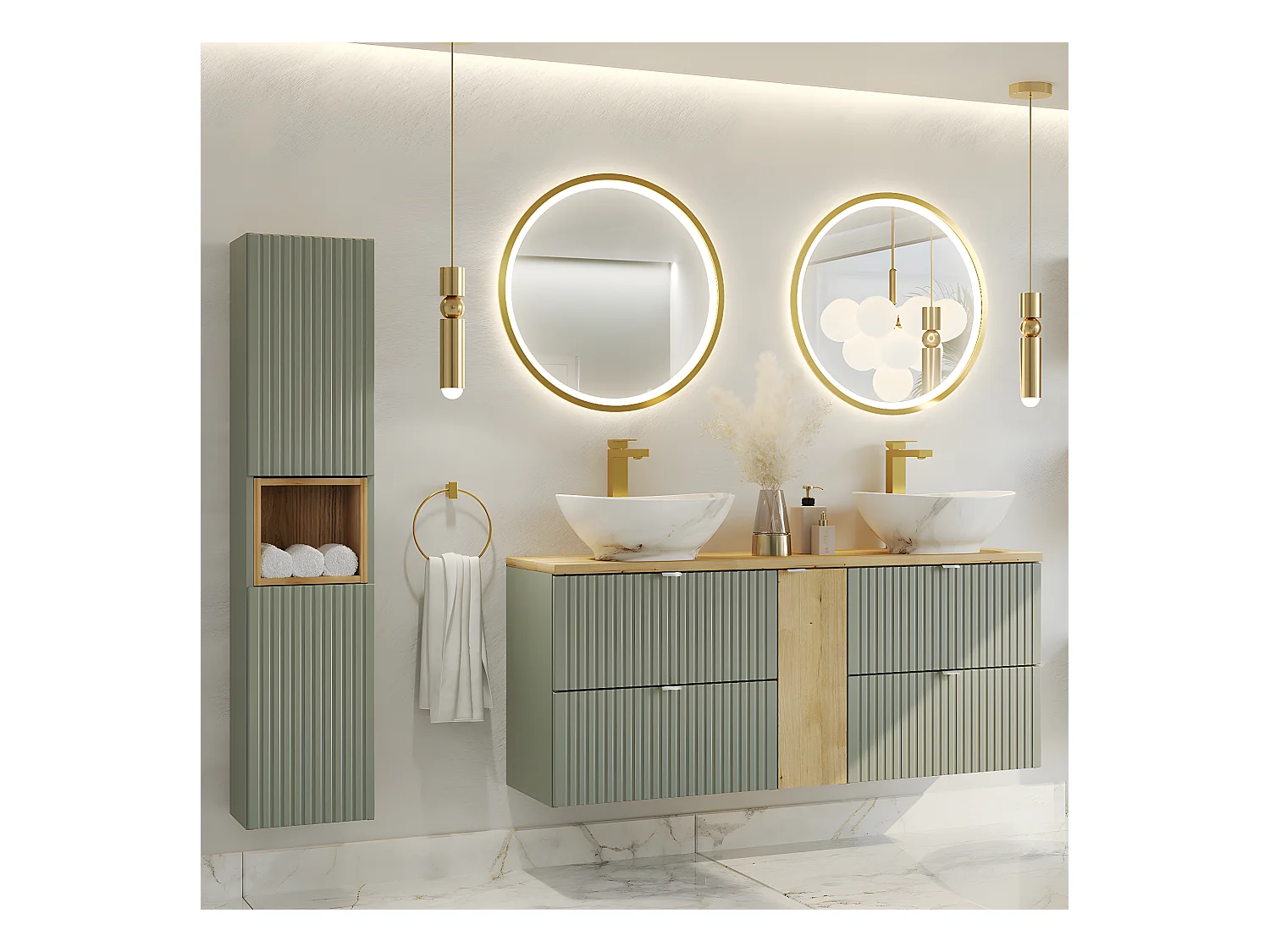 Meuble double vasque 140cm 4 tiroirs Jade Vert et Bois