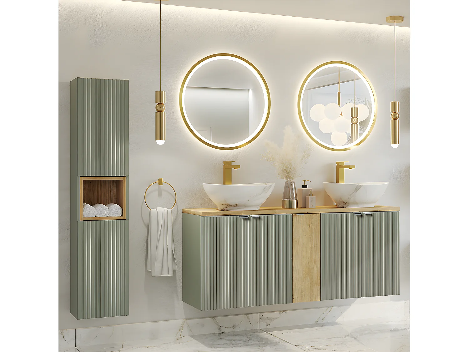 Dubbele wastafel 140cm 5 deuren Jade Groen en Hout