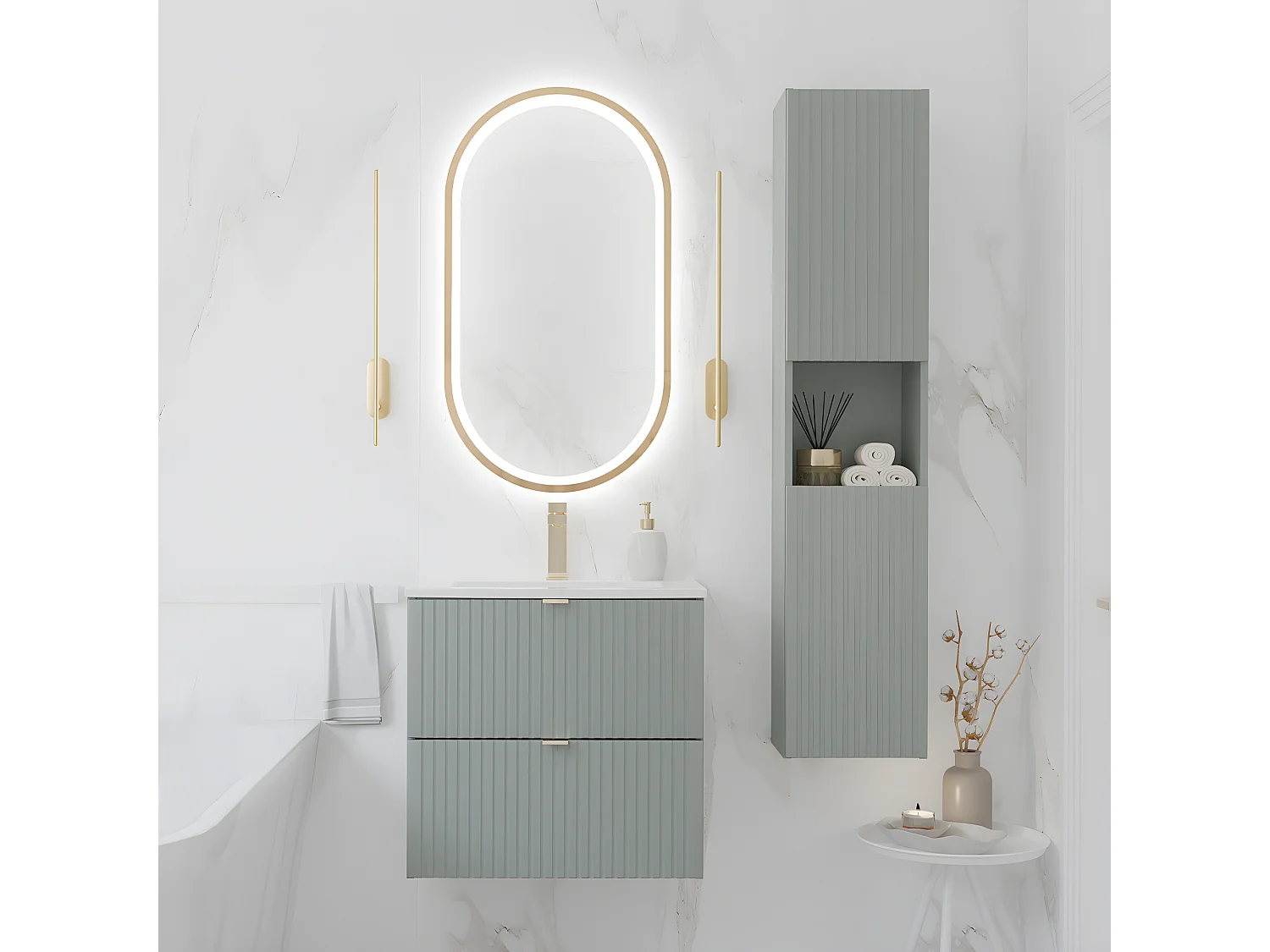 Meuble simple vasque encastrée 50cm 2 tiroirs Jade Vert