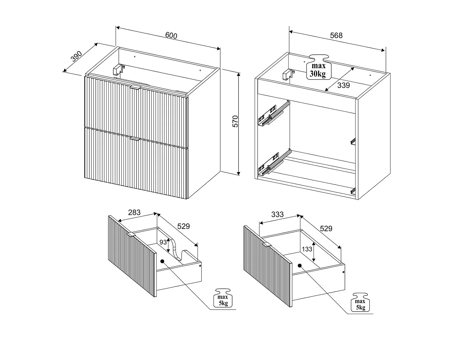 Meuble simple vasque encastrée 60cm 2 tiroirs Jade Vert