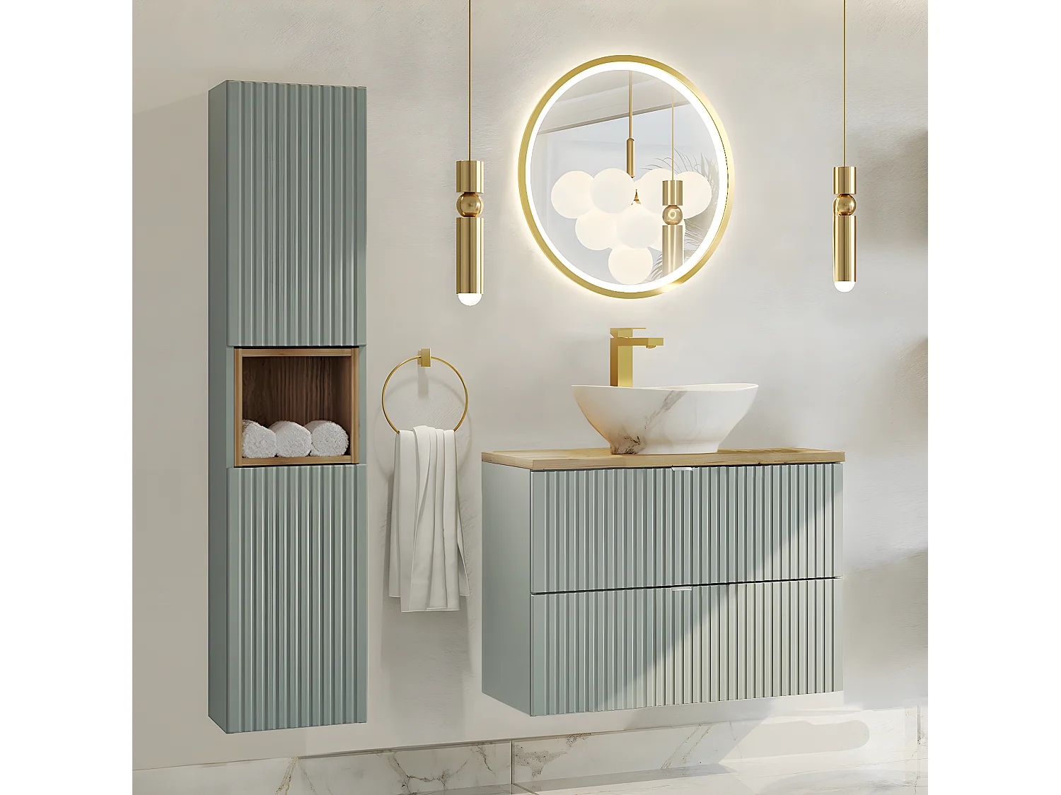 Meuble simple vasque 80cm 2 tiroirs Jade Vert et Bois