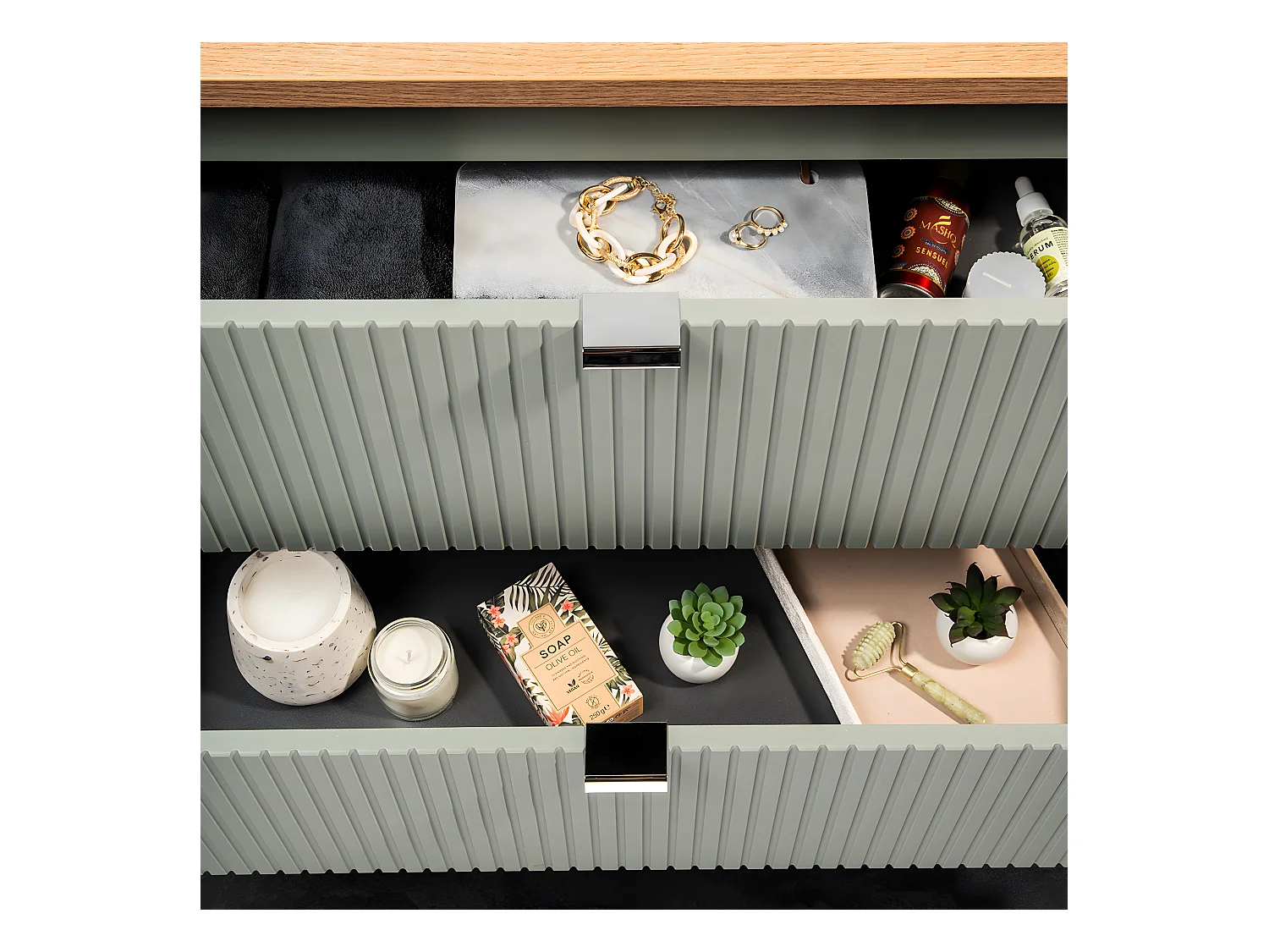 Enkele wastafel 80cm 2 lades Jade Groen en Hout