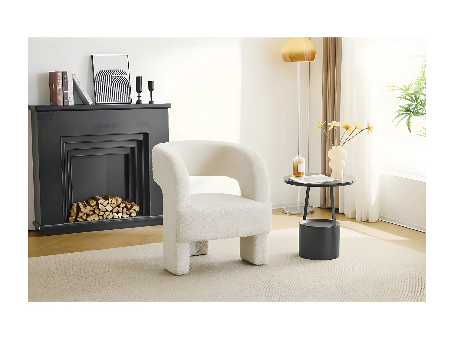 Fauteuil 3 pieds design bouclette "Madison" - Blanc
