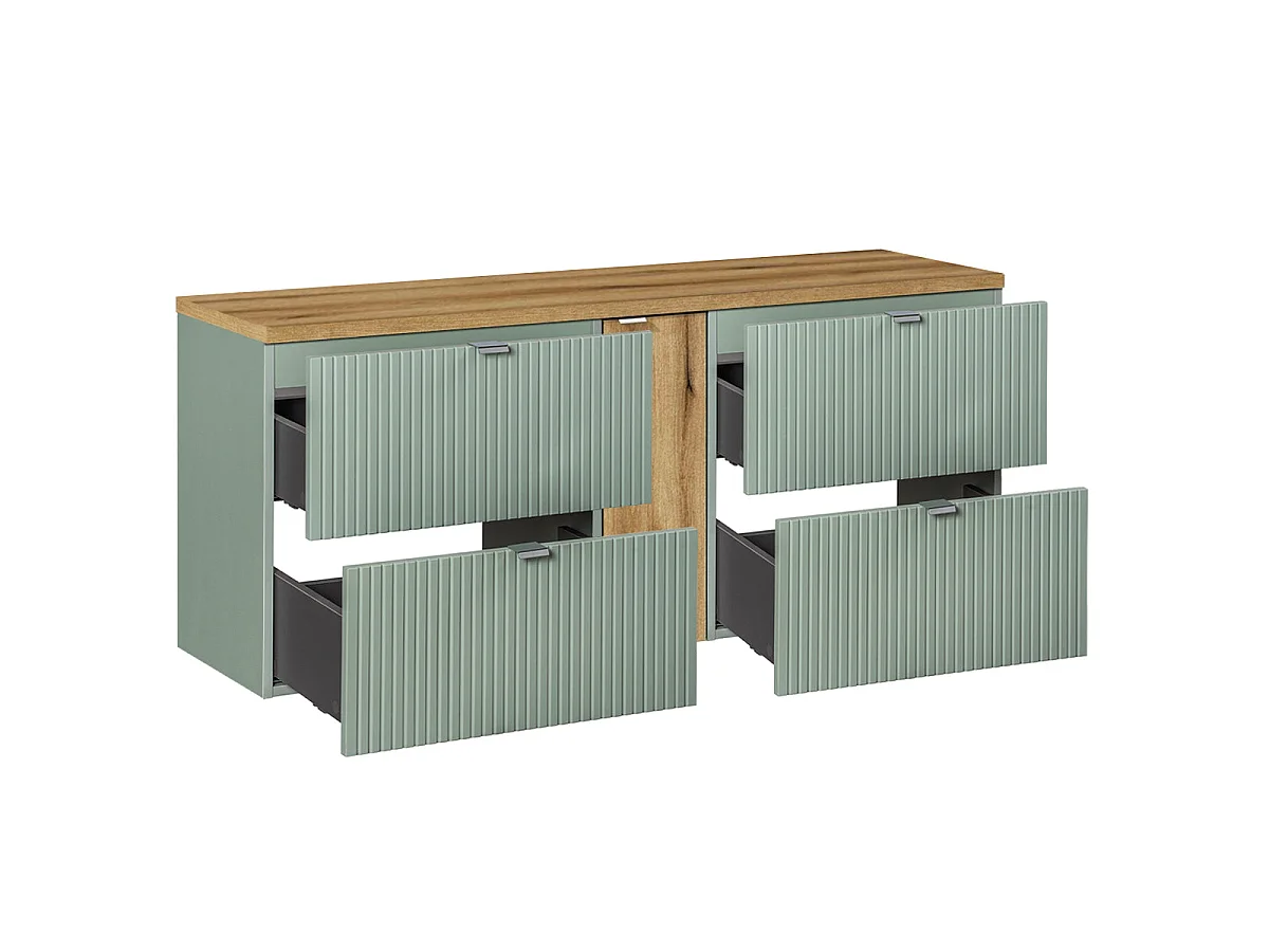 Waschtischunterschrank 140cm 4 Schubladen Waschtischplatte Jade Grün und Holz