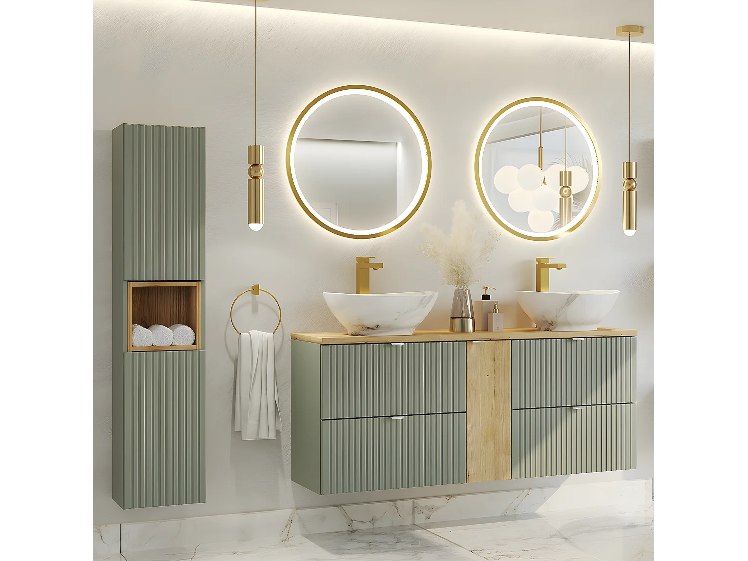 Meuble sous-vasque 50cm 2 tiroirs plan de toilette Jade Vert et Bois