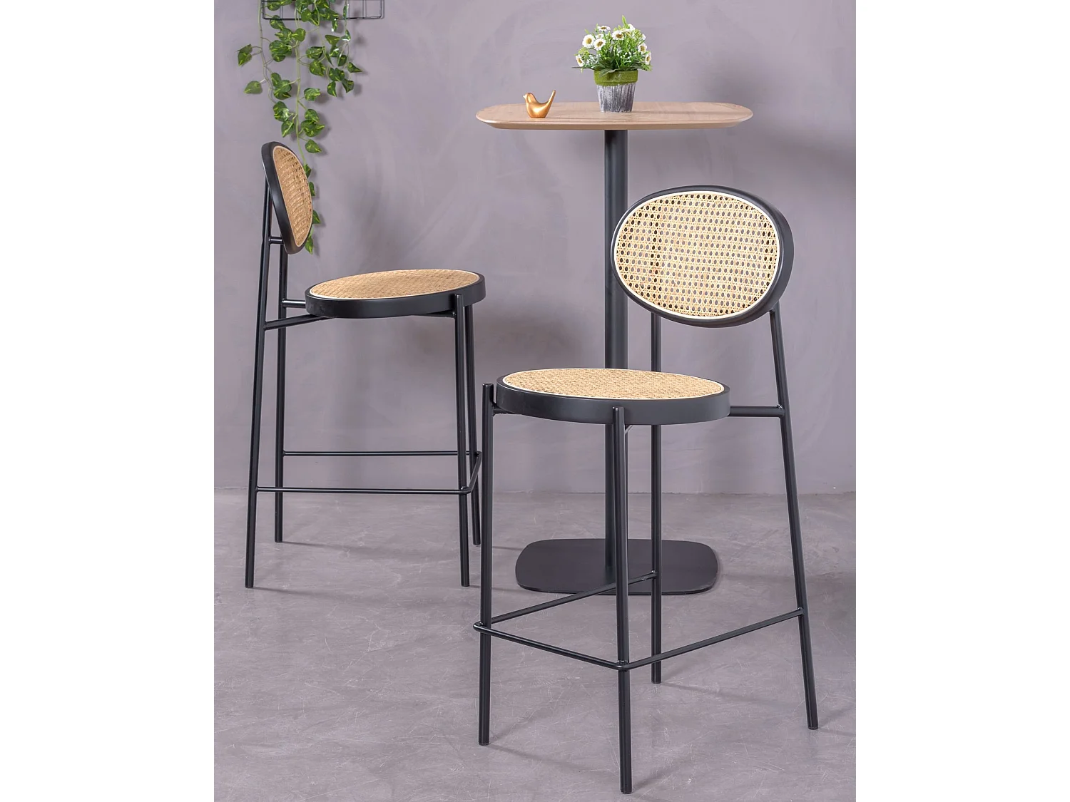 Tabouret vintage au design classique en rotin naturel (65cm) - Nord - Noir