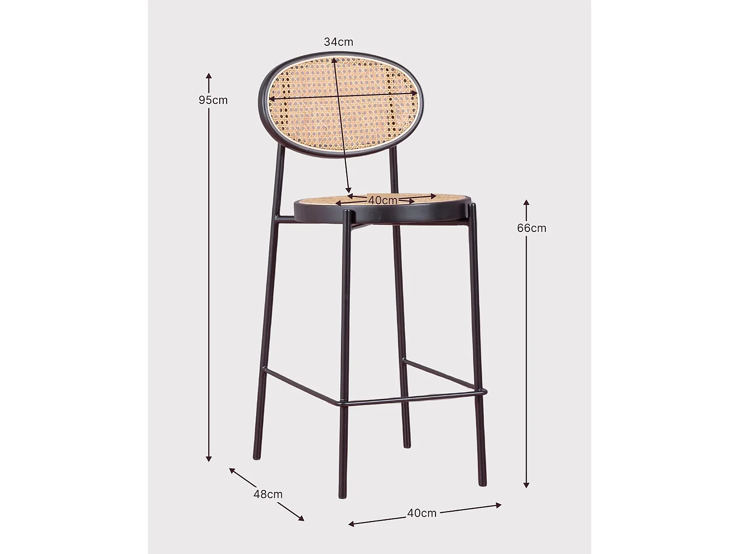 Tabouret vintage au design classique en rotin naturel (65cm) - Nord - Noir