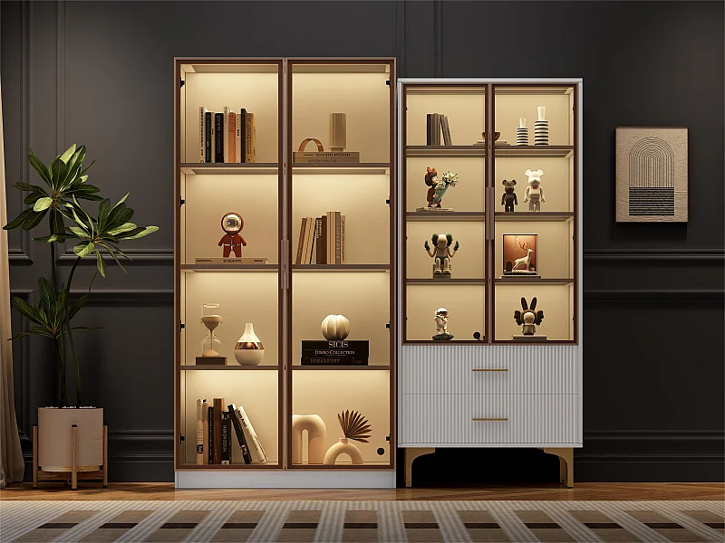 Zestaw 2 nowoczesnych witryn z LED – z regulowanymi półkami – Biały