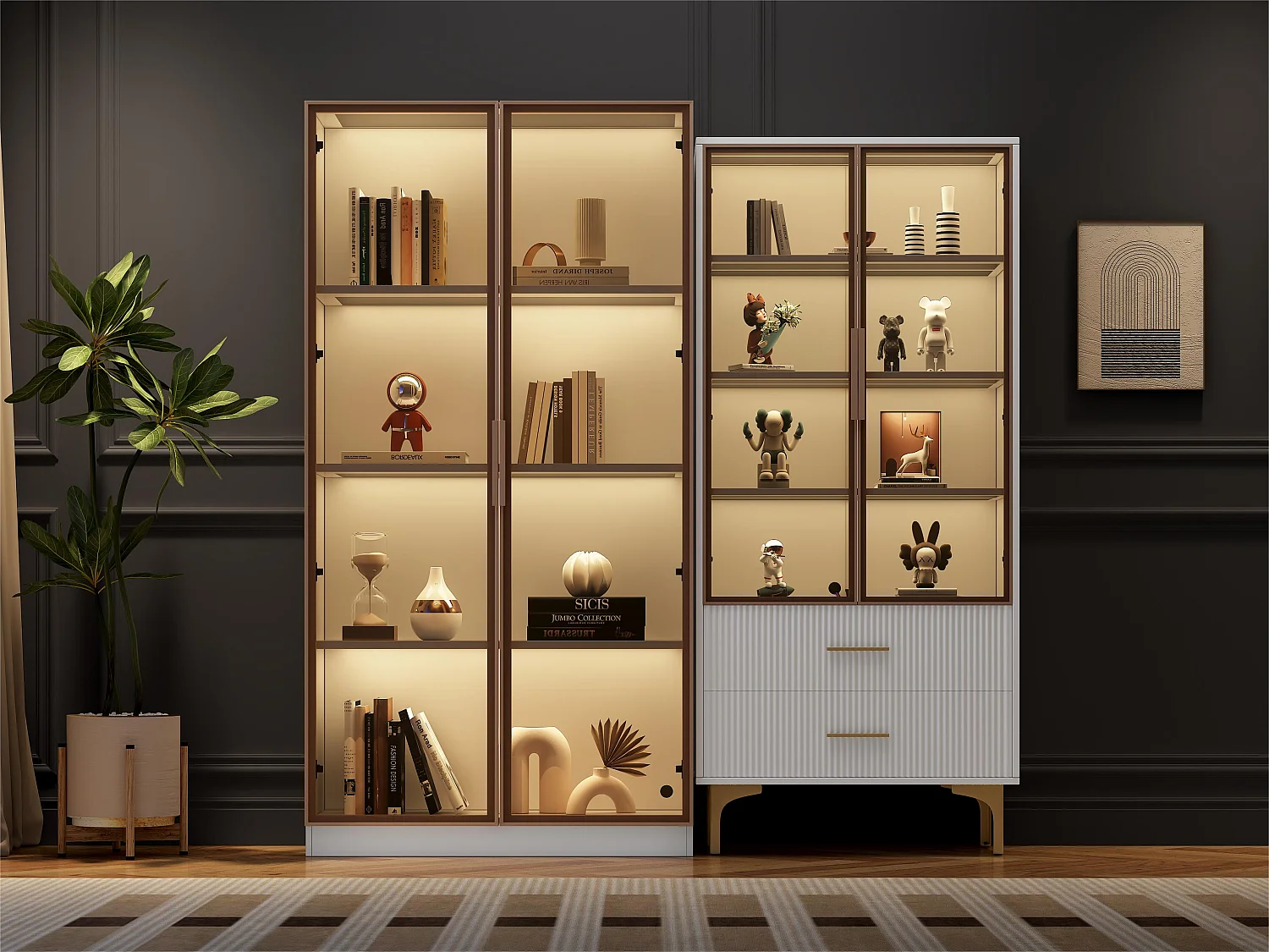 Set van 2 moderne vitrinekasten met LED – met verstelbare planken – Wit