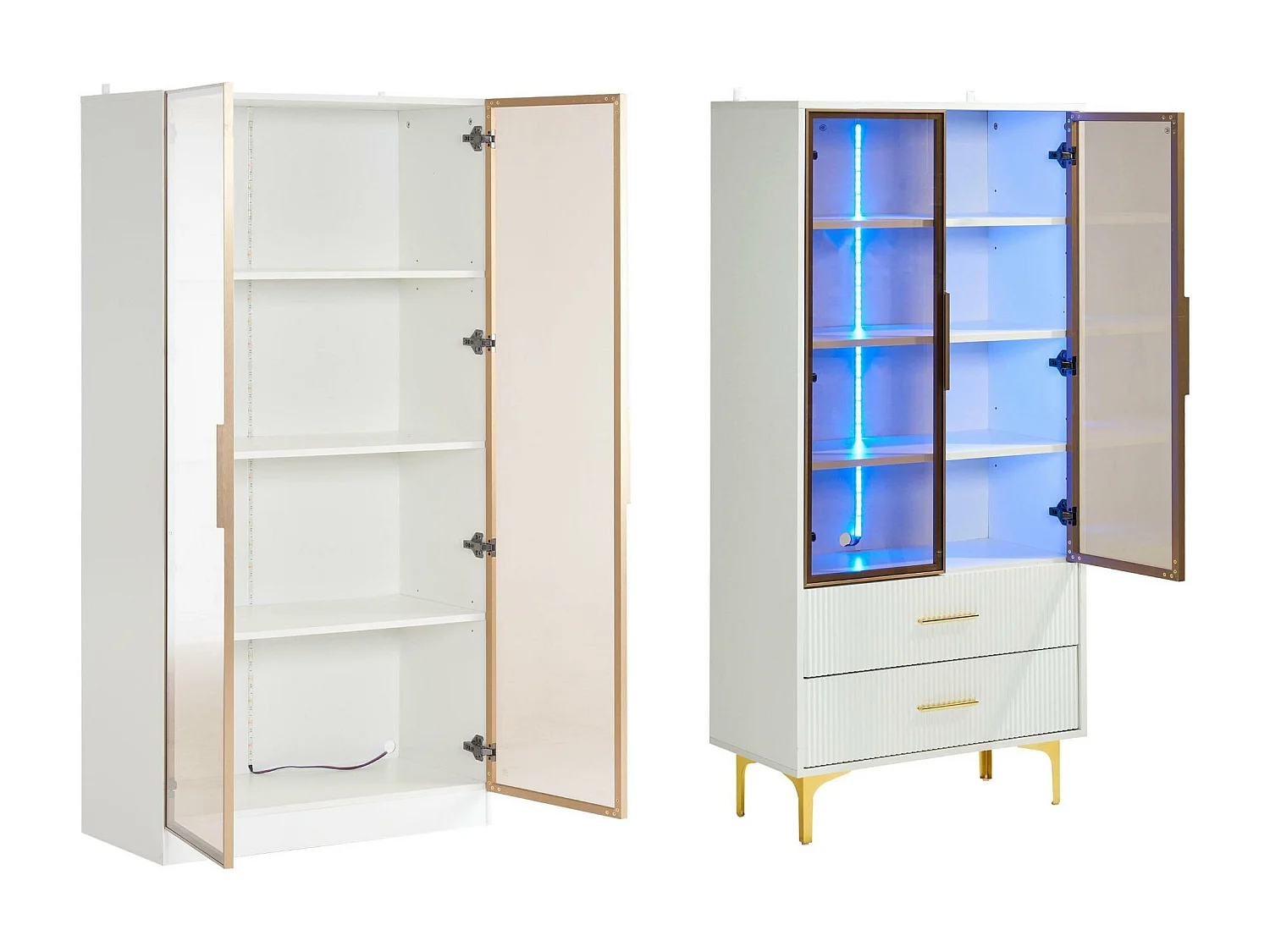 Set van 2 moderne vitrinekasten met LED – met verstelbare planken – Wit