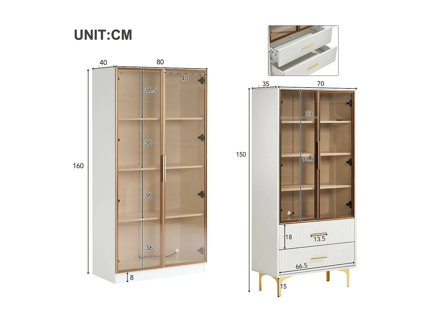 Set van 2 moderne vitrinekasten met LED – met verstelbare planken – Wit