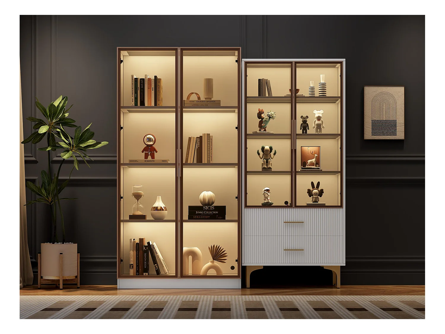 Lot de 2 Vitrines modernes avec LED – avec étagères réglables – Blanc