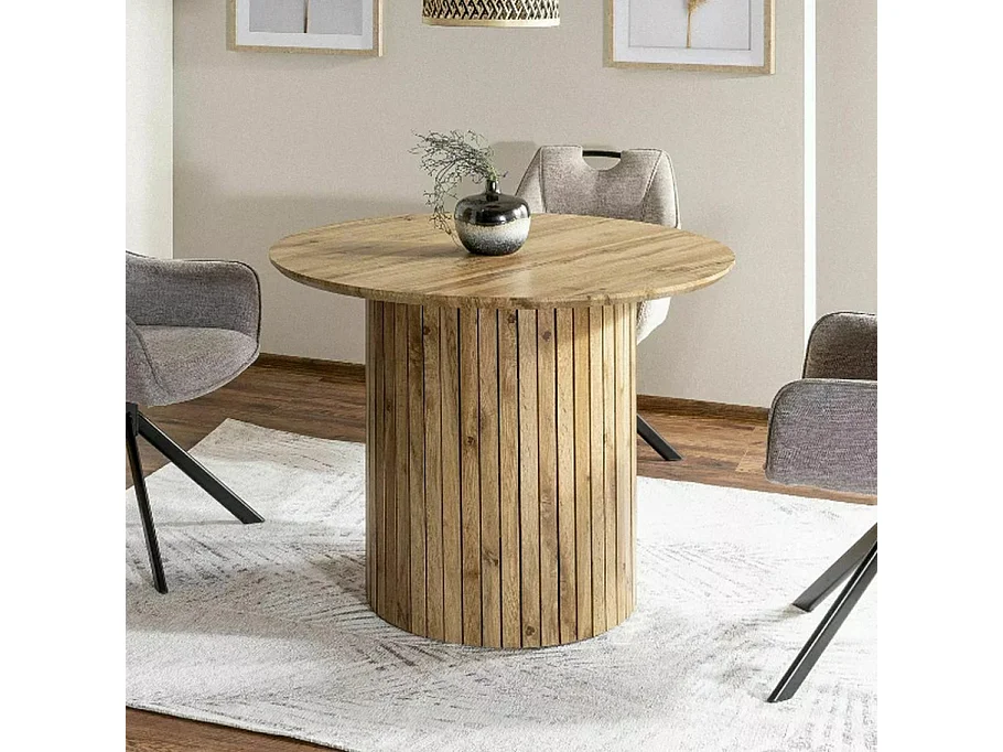 Table à manger avec pied central et plateau plaqué chêne Pictoris