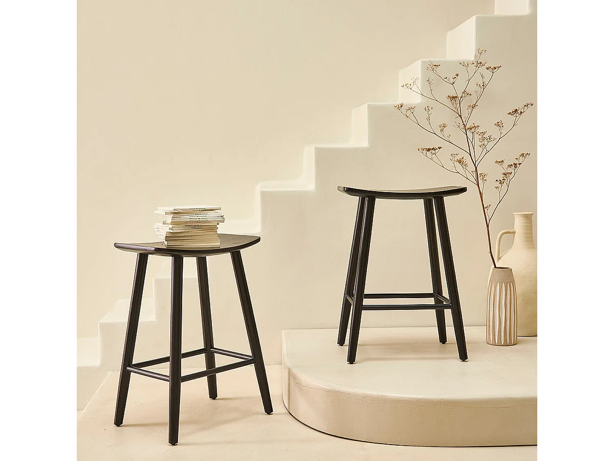 Lot de 2 tabourets en teck massif noirs 65 cm