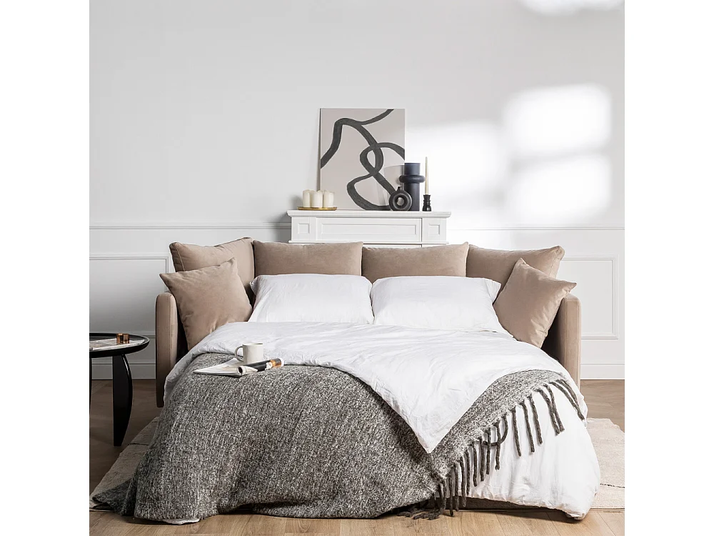 Villabon - Canapé convertible 4 places en velours pieds épingles noirs - Beige