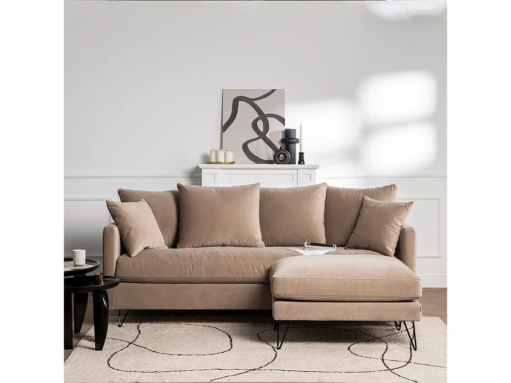 Villabon - Canapé convertible 4 places en velours pieds épingles noirs - Beige